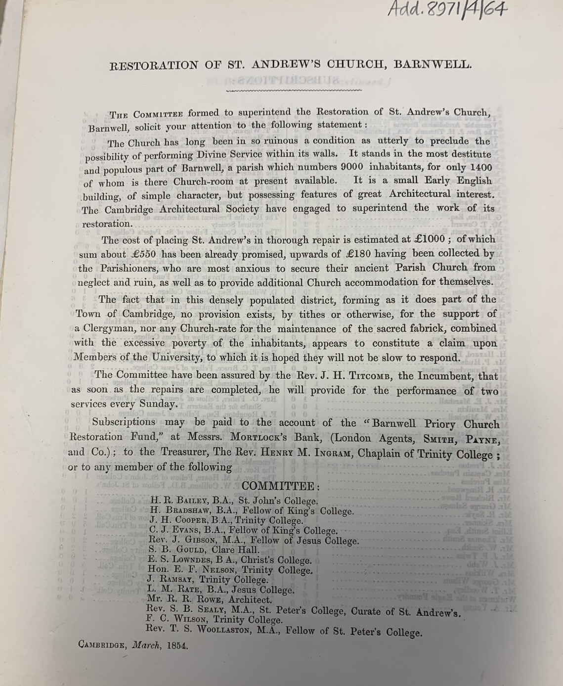 1854 Appeal for funds