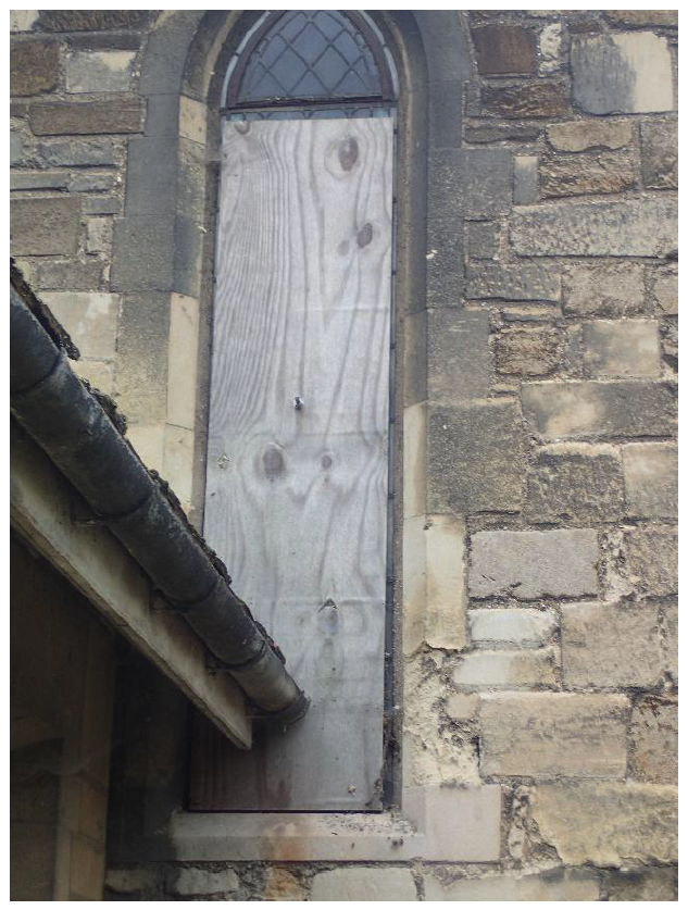 Fig. 11. Nave north, western lancet. Ketton sill, Clunch jambs and arch, partially replaced by Clunch and Ketton.