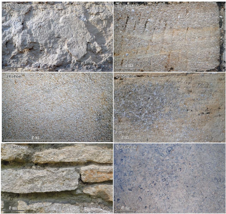 Fig. 1. Main stone types in St Andrew the Less: a) Clunch, chancel S; b) Barnack, nave S (sub-vertical grooves are mason&rsquo;s toolmarks); c) Ketton, choir vestry W; d) Weldon, south porch; e) Ragstone, choir vestry N; f) Purbeck marble, Ely Cathedral Lady Chapel floor &ndash; decayed examples occur in St Andrew internal east window shafts.